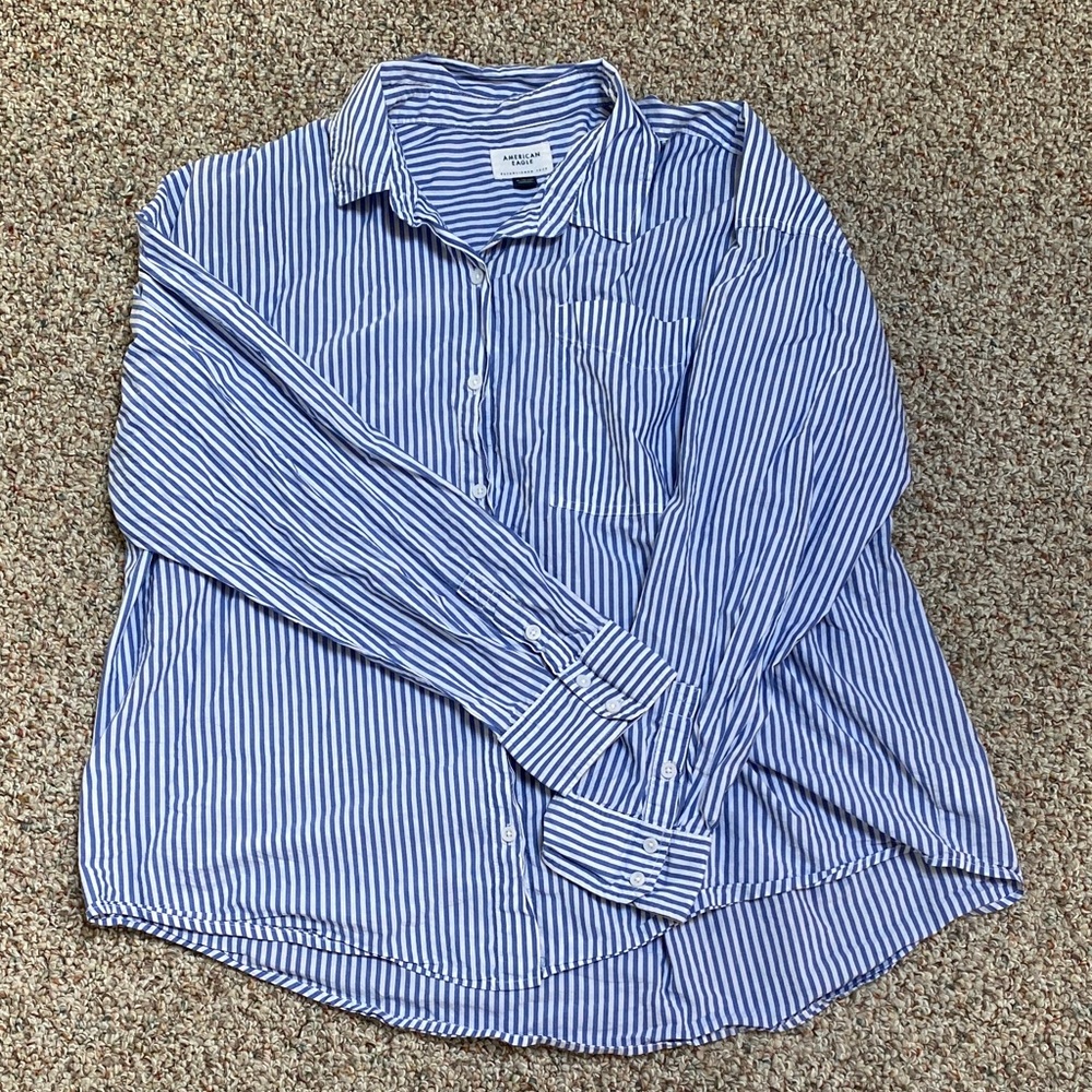 American Eagle Blue and White Striped Button Up